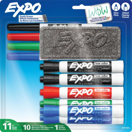 EXPO Dry Erase Markers Kit, Fine and Chisel Tip Markers, Assorted Colours, Eraser, 11 Count