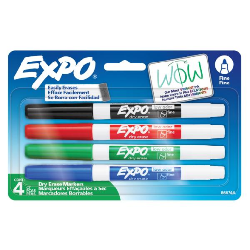 EXPO Dry Erase Markers, Low Odour Ink, Assorted Colours, Fine Tip, 4 Count