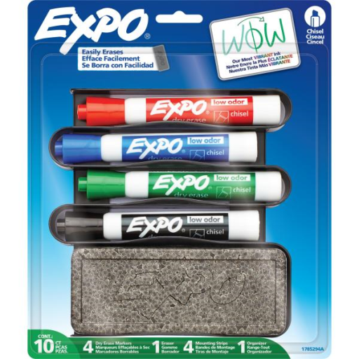 EXPO Dry Erase Markers Kit, Chisel Tip, Assorted Colours, Eraser, Mountable Organizer with Mounting Strips, 10 Count