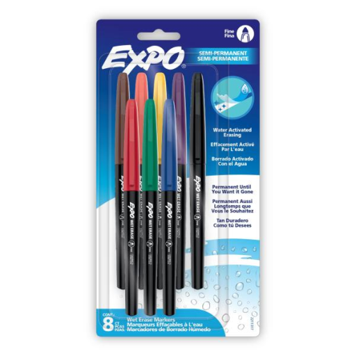 EXPO Wet Erase Markers, Semi-Permanent Markers, Assorted, Fine Tip, 8 Count