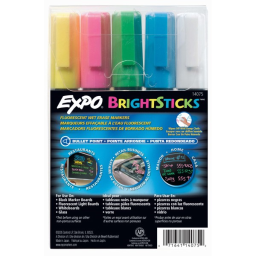 Expo Bright Sticks Wet Erase Fluorescent Markers, Bullet Tip, Assorted Colours, 5 Count