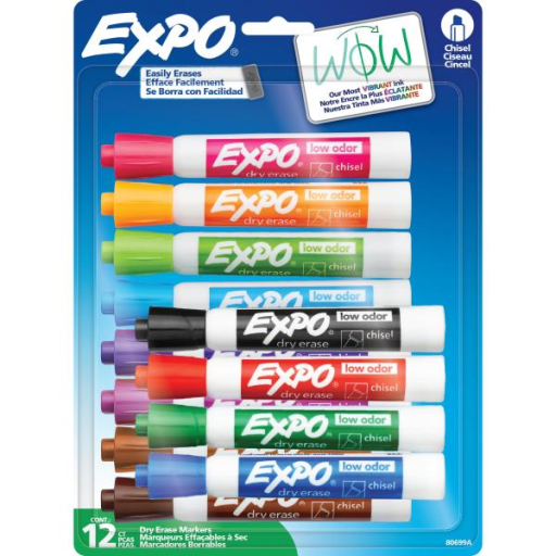 EXPO Dry Erase Markers, Low Odour Ink, Assorted Colours, Chisel Tip, 12 Count