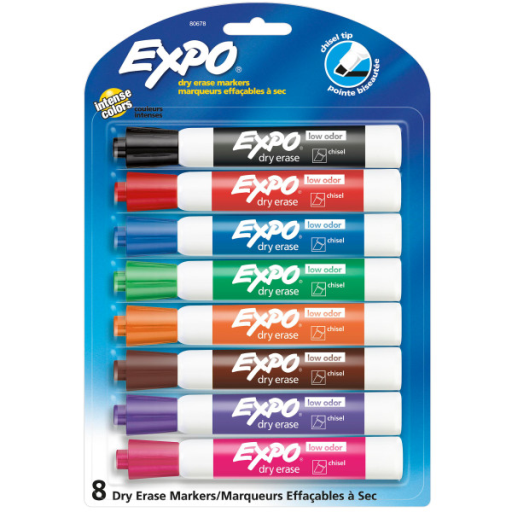 Expo Low Odour Dry Erase Markers, Chisel Tip, Assorted Colours, 8 Count