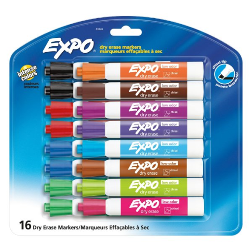 EXPO Dry Erase Markers, Low Odour Ink, Assorted Colours, Chisel Tip, 16 Count