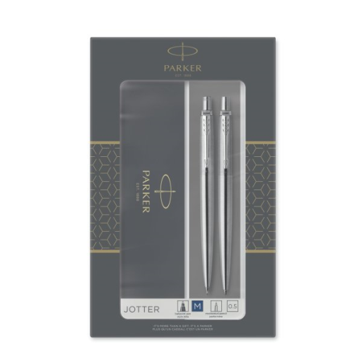 Parker Jotter Duo Gift Set with Ballpoint Pen & Mechanical Pencil (0.5mm), Stainless Steel with Chrome Trim, Blue Ink Refill