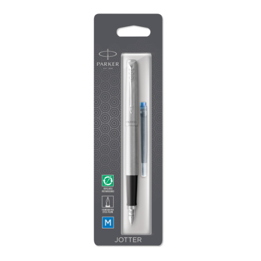 Parker Jotter Fountain Pen, Stainless Steel with Chrome Trim, Medium Nib Blue Ink, Blister Pack