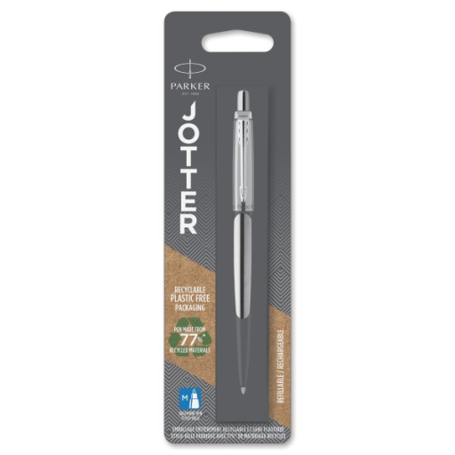Parker Jotter Ballpoint Pen, Stainless Steel with Chrome Trim, Medium Point Blue Ink