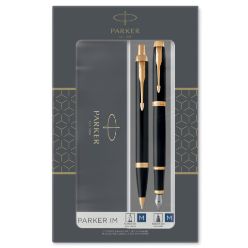Parker IM Duo Gift Set with Ballpoint Pen & Fountain Pen | Gloss Black with Gold Trim | Blue Ink Refill & Cartridge | Gift Packaging