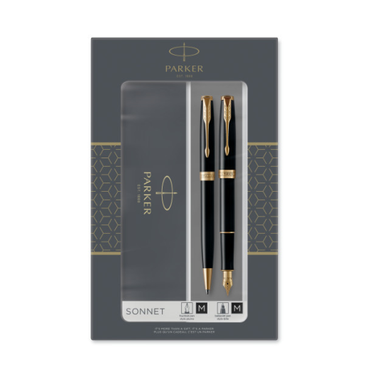 Parker Sonnet Duo Gift Set with Ballpoint Pen & Fountain Pen (18K Gold Nib) | Gloss Black with Gold Trim | Black Refill & Cartridges