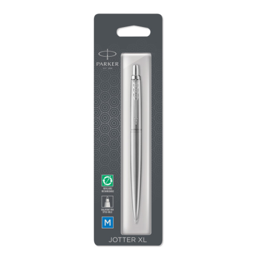 Parker Jotter XL Ballpoint Pen, Monochrome Stainless, Medium Point, Blue Ink, Blister Pack
