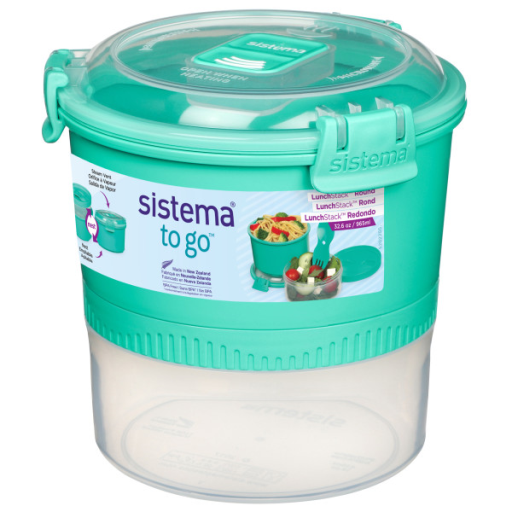 Sistema Lunch Stack To Go Round Food Storage Container with 2 Compartments & Spork, 965 mL, Colour May Vary
