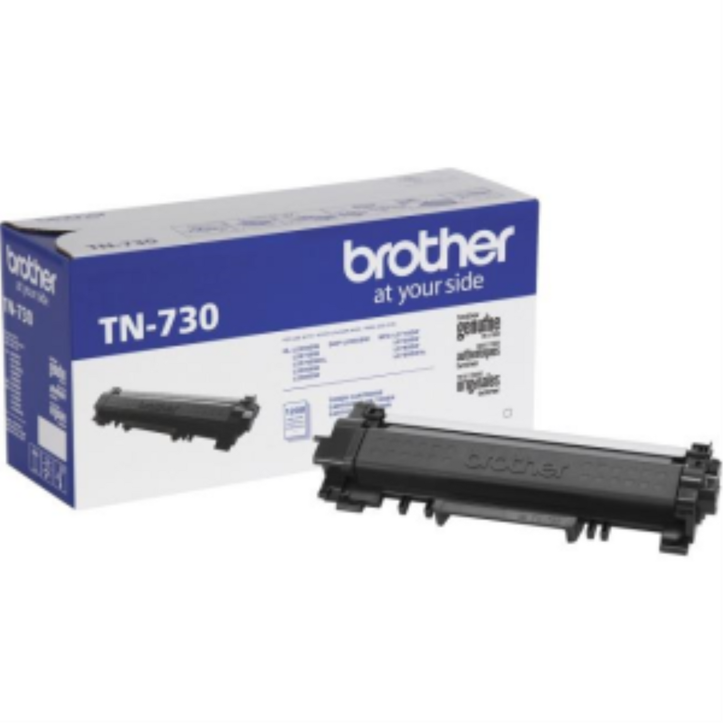 Genuine Brother TN-730 black toner cartridge, standard yield, shown with its retail packaging.