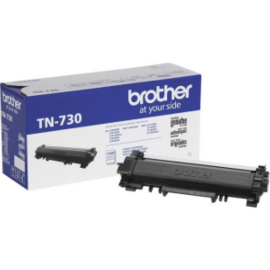 Genuine Brother TN-730 black toner cartridge, standard yield, shown with its retail packaging.