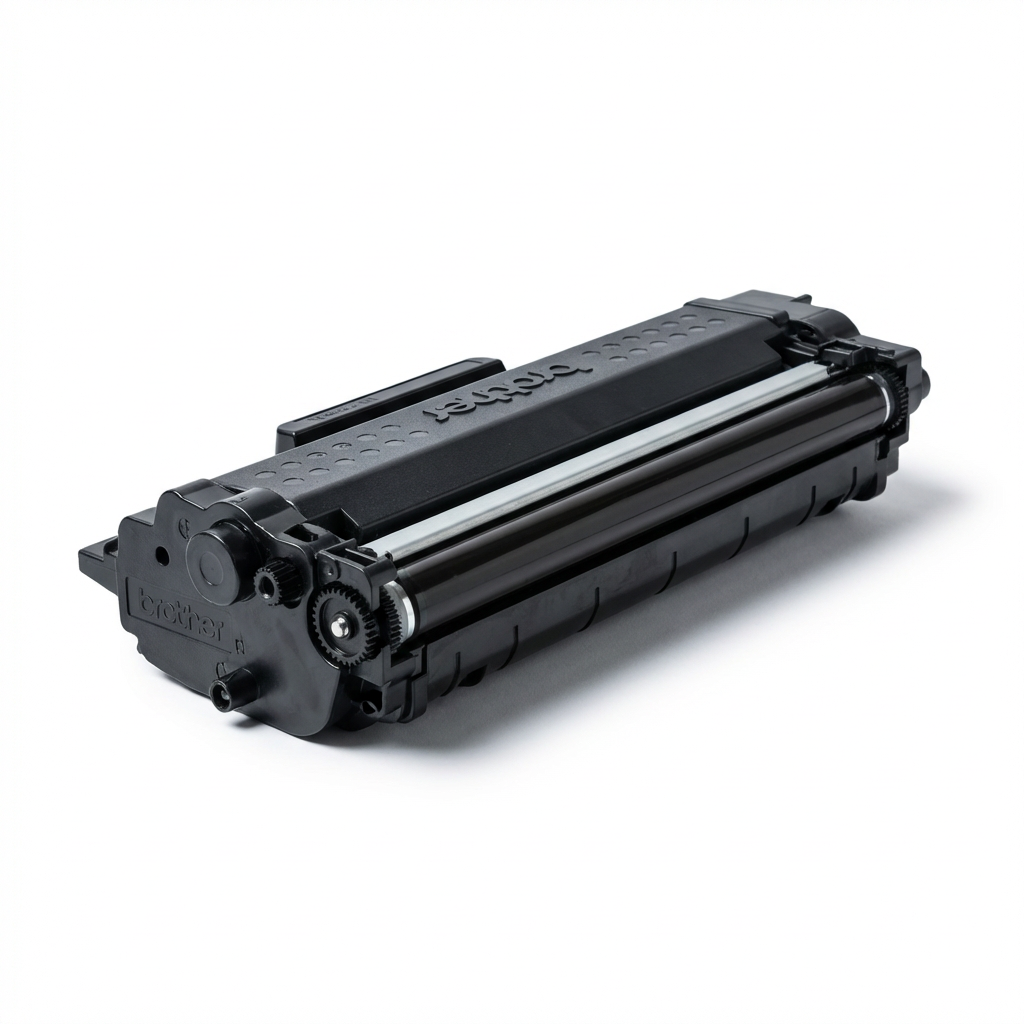 A photorealistic studio product photo of the Brother TN730 Mono Laser Toner Cartridge on a pure white background, angled to show the left side. The black cartridge has a soft natural shadow.