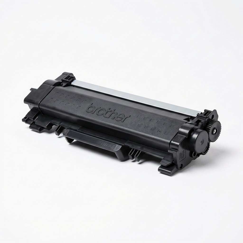 A photorealistic studio photograph of the Brother TN730 toner cartridge, angled to show the right side on a pure white background.