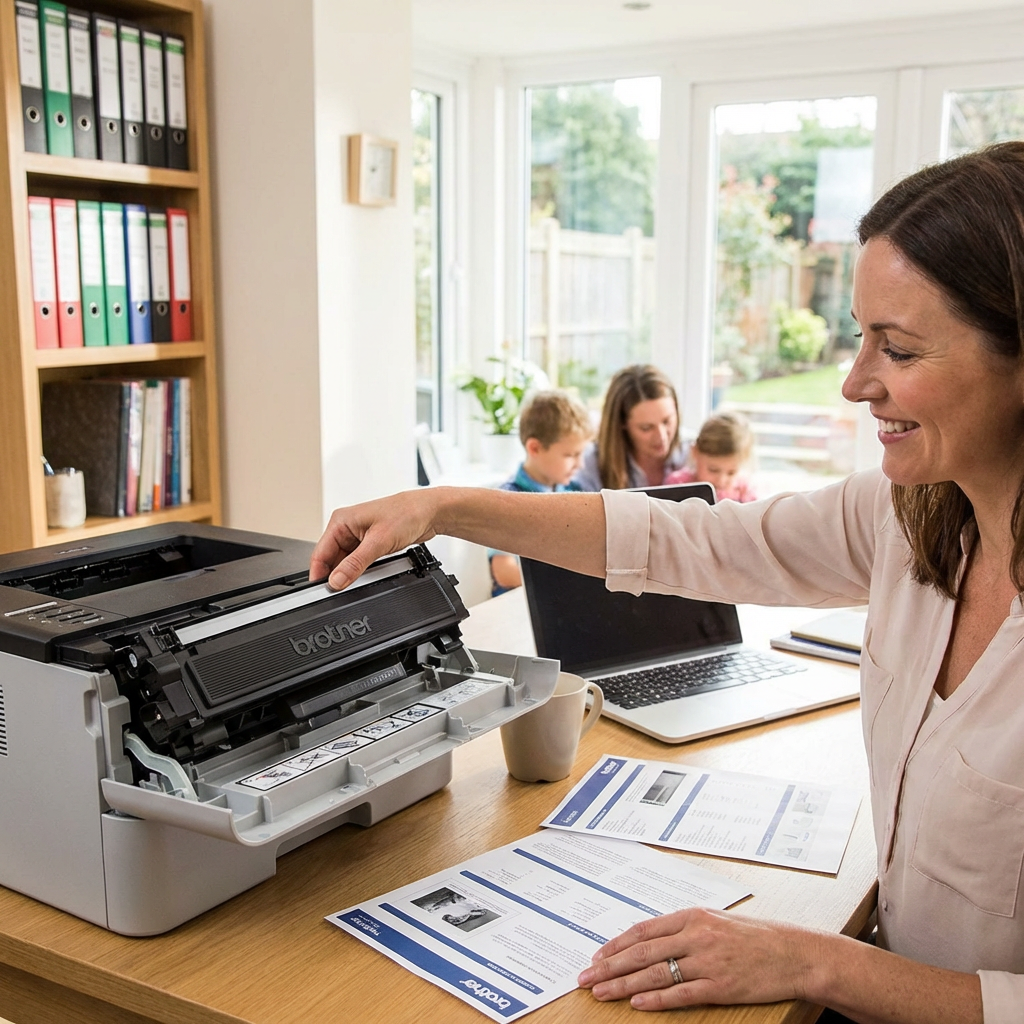 A woman in a home office smiles while inserting a Brother TN730 toner cartridge into a printer.