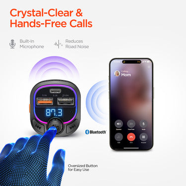 HyperGear FM Transmitter Car Charger Bluetooth IntelliCast Road 3 Port (2x USB-A 1x USB-C 15W) Hands Free Calls Music Streaming Noise Reduction Mic – Black