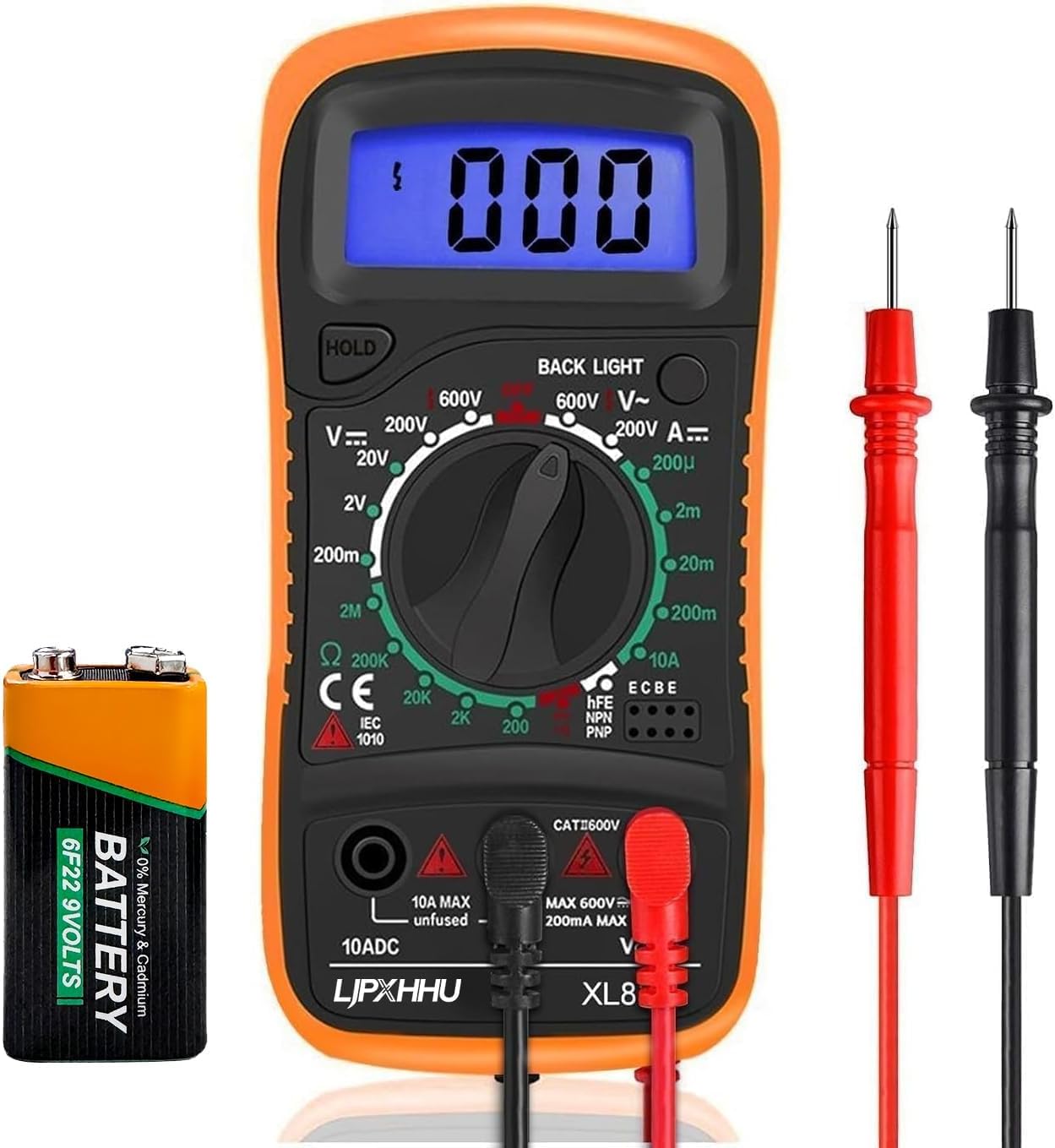 Digital Multimeter Voltmeter Battery Voltage Multi Tester AC DC Volt OHM Amp Current Meter Circuit Continuity Resistance Diode Electrical Tester with Test Leads Backlight LCD Display
