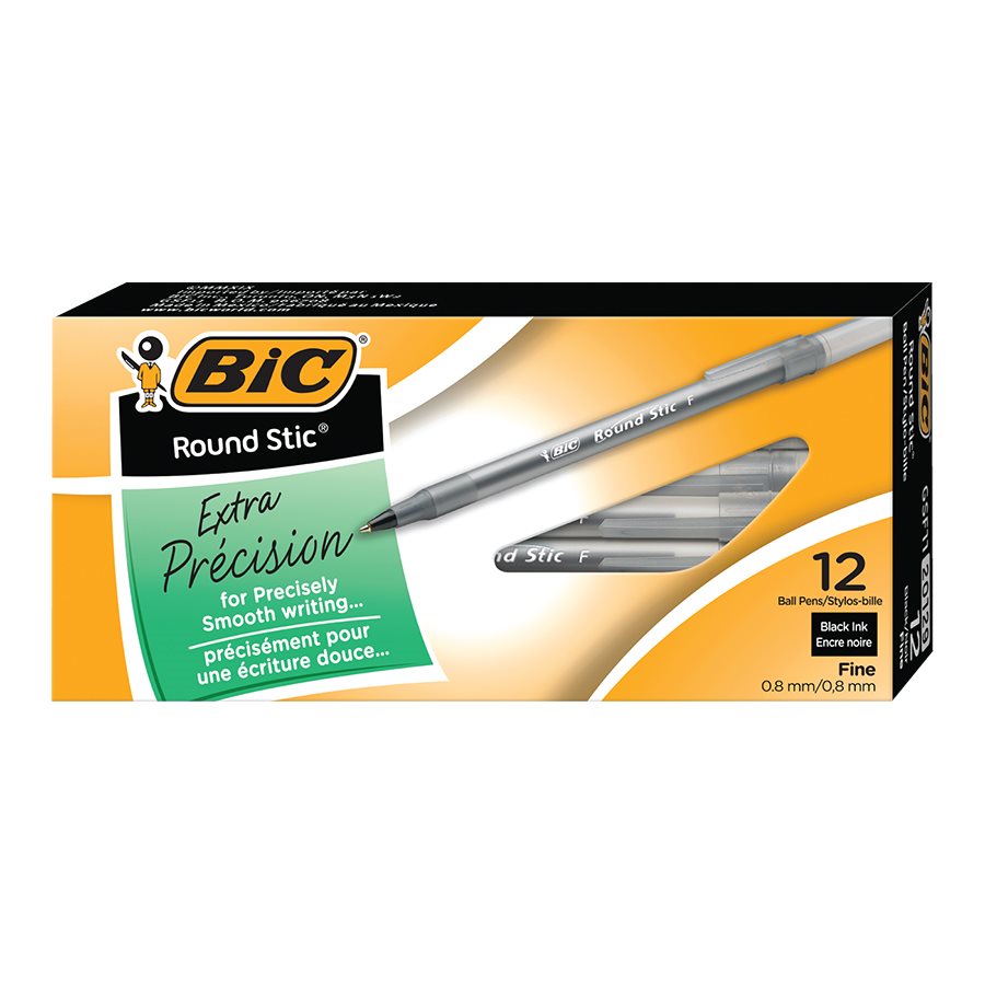 BIC Round Stic Extra Value Ballpoint Stick Pens - Fine Tip - 0.8mm - 12 Pack