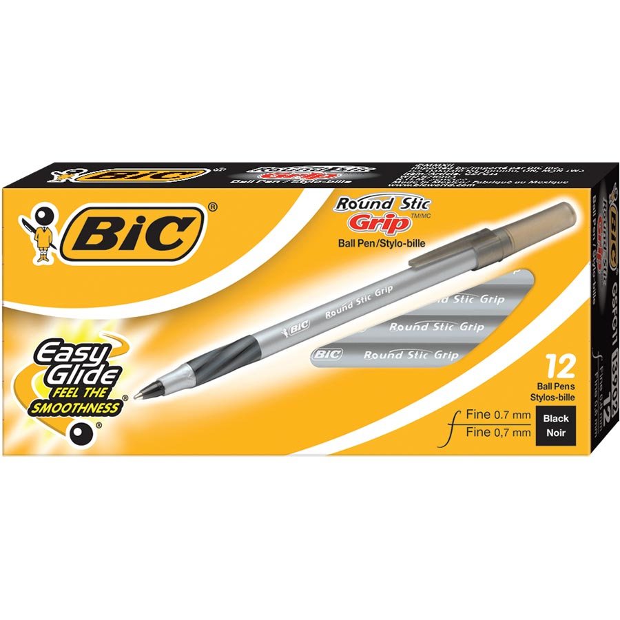 BIC Round Stic Grip Ballpoint Stick Pens - 0.7mm - 12 Pack