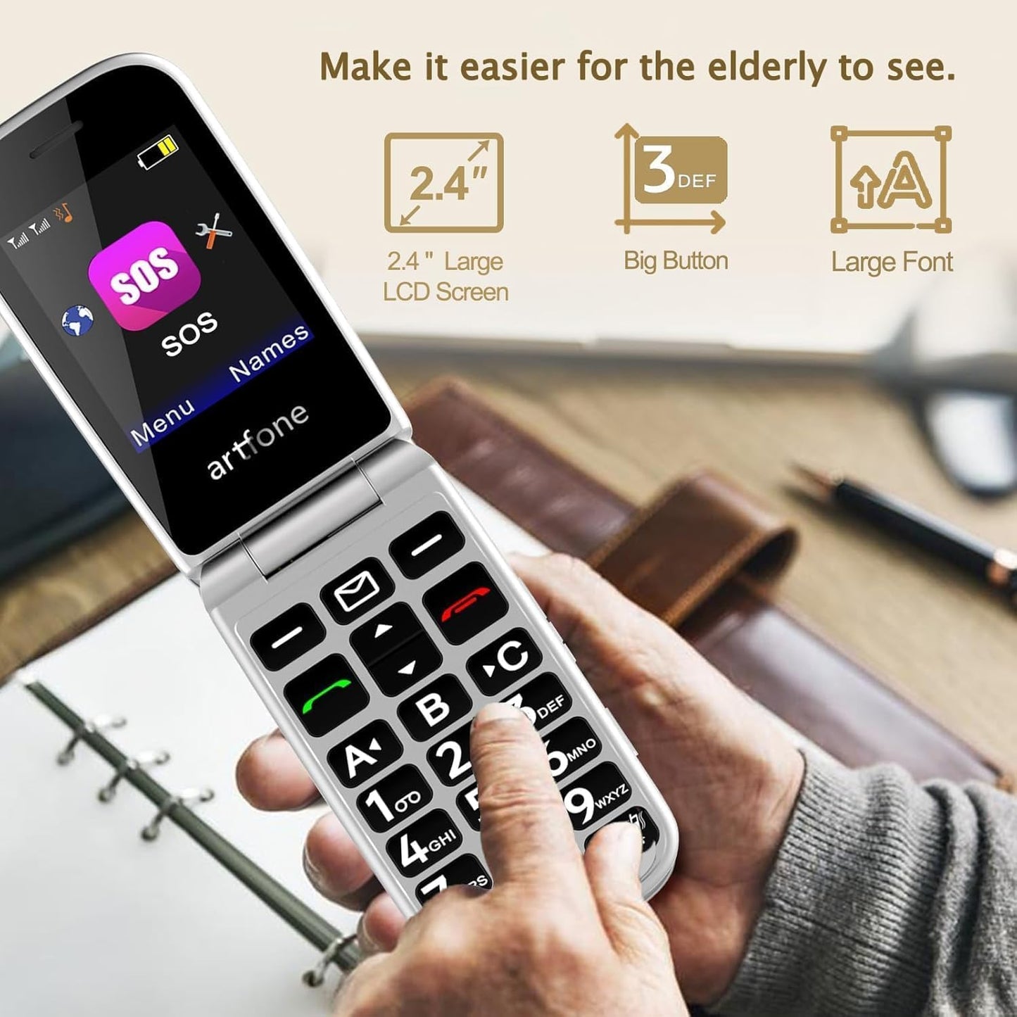 artfone G3 Flip Phone Unlocked for Seniors, 4G Volte Basic Phone, 2.4" Screen, SOS Button, Speed Dial, Hans-Free, Big Buttons, Bluetooth, Camera, FM Radio, Charging Dock, Voice Time, Dumb Phone