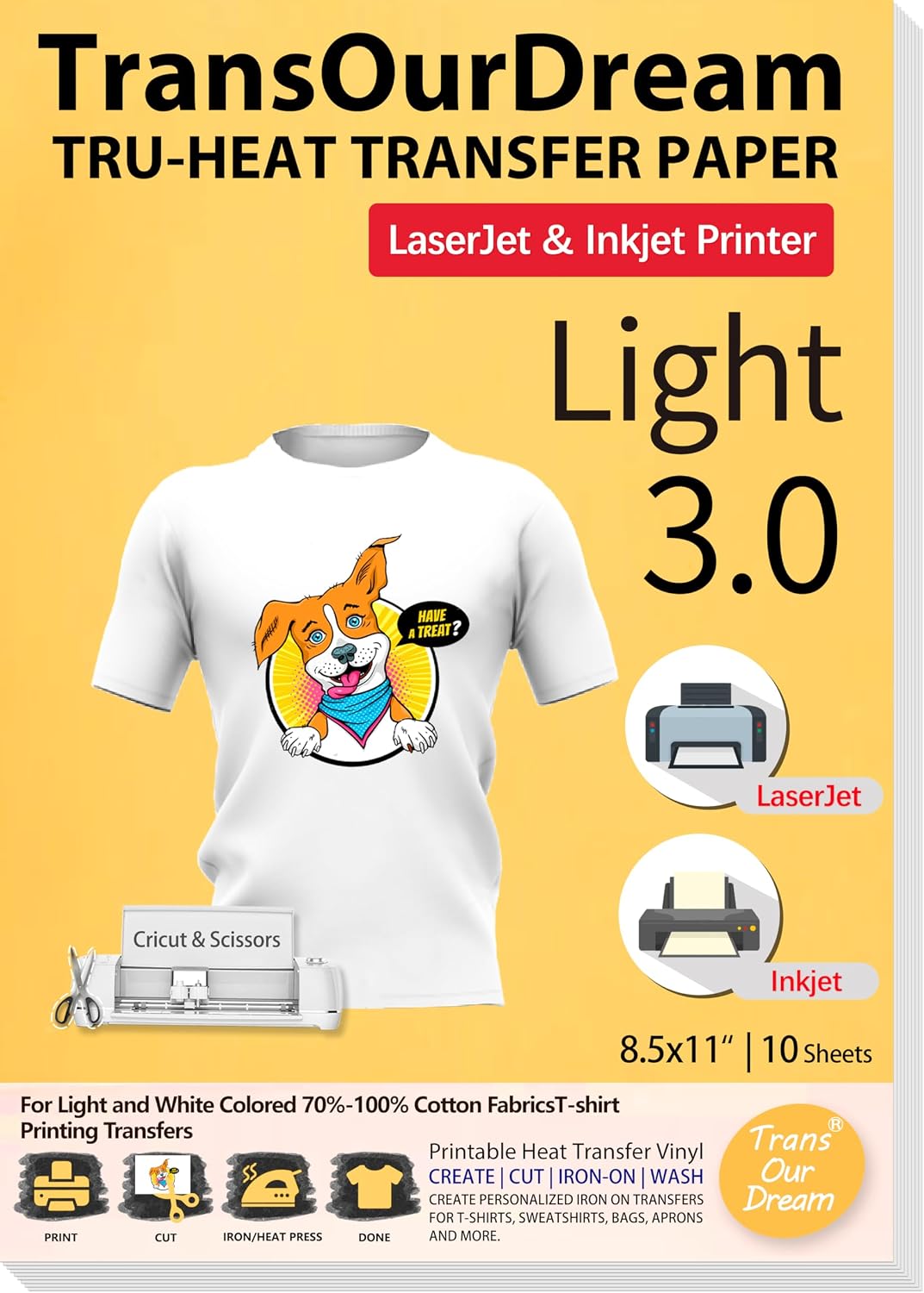TransOurDream Iron on Heat Transfer Paper for Light T Shirts (10 Sheets 8.5x11, 3.0) Printable HTV Heat Transfer Vinyl for Inkjet & LaserJet Printer