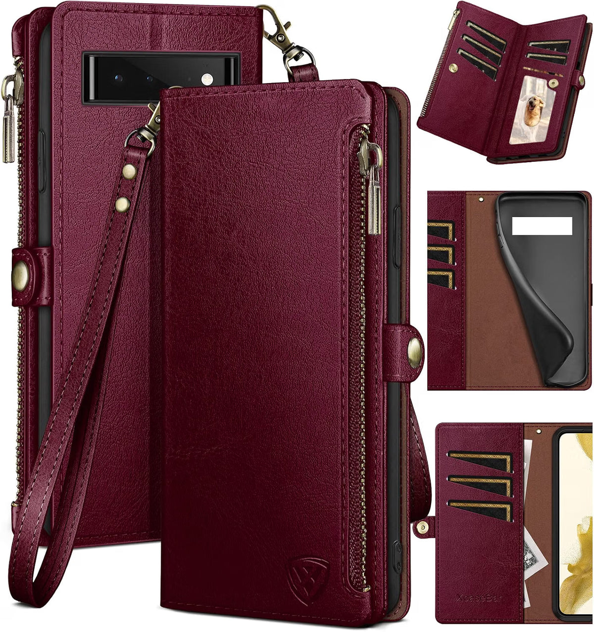 XcaseBar for Google Pixel 6 Wallet case with Zippe Credit Card Holderr 【RFID Blocking】, Flip Folio Book PU Leather Phone case Shockproof Cover Women Men for Pixel 6 case Wine Red