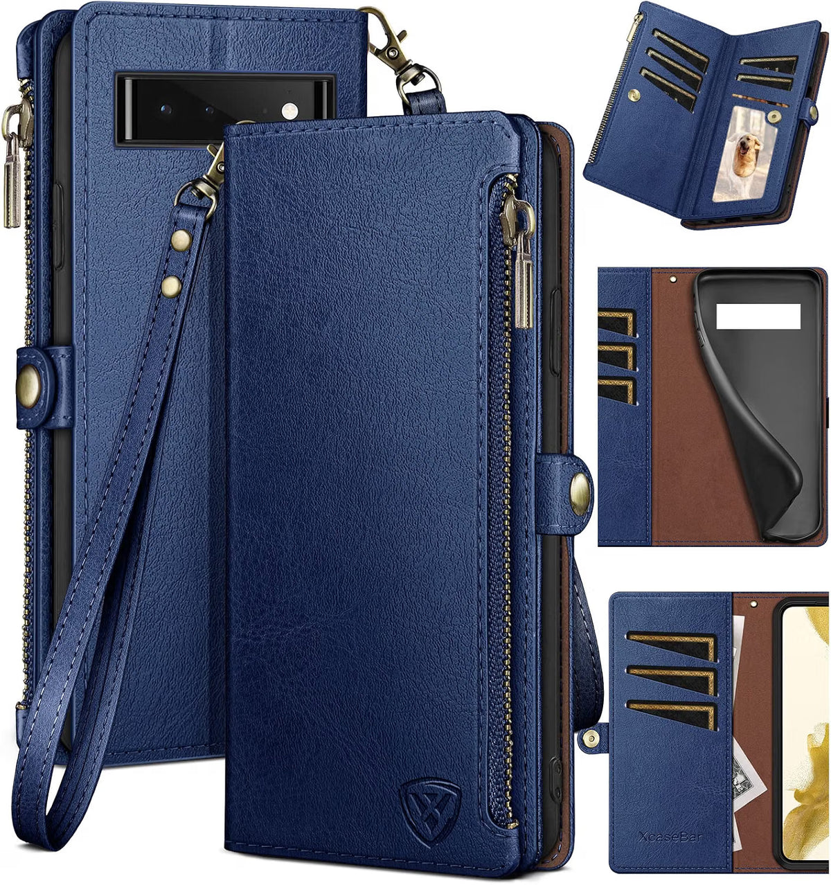 XcaseBar for Google Pixel 6 Wallet case with Zippe Credit Card Holderr 【RFID Blocking】, Flip Folio Book PU Leather Phone case Shockproof Cover Women Men for Pixel 6 case Blue