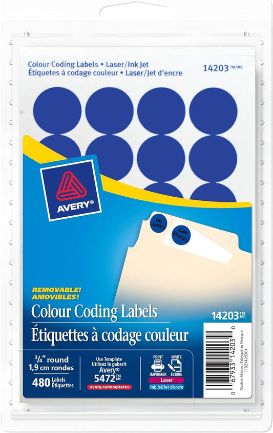 Avery Removable Colour Coding Labels for Laser and Inkjet Printers, 3/4"