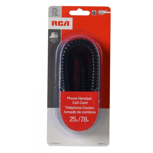 RCA CTP282BLR Telephone Receiver Coil Cord, 25 ft Wire, Plastic Sheath, Black Sheath